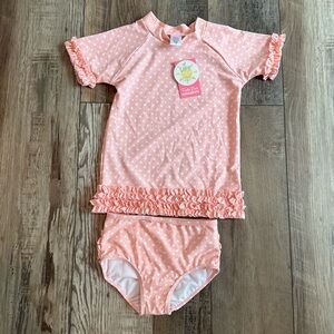 Ruffle Butts Pink and White Rashguard Swim Set